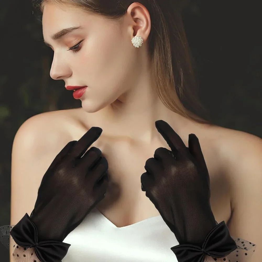 Women's Black Bow Short Lace Veil Feather Derby Tea Party Elegant Gloves Styles